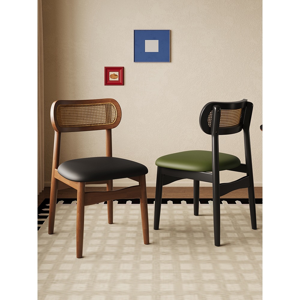 French Retro Solid Wood Dining Table and Chair with Backrest, Vintage Leisure Home Hotel Rattan Chair, Internet-Famous Stool