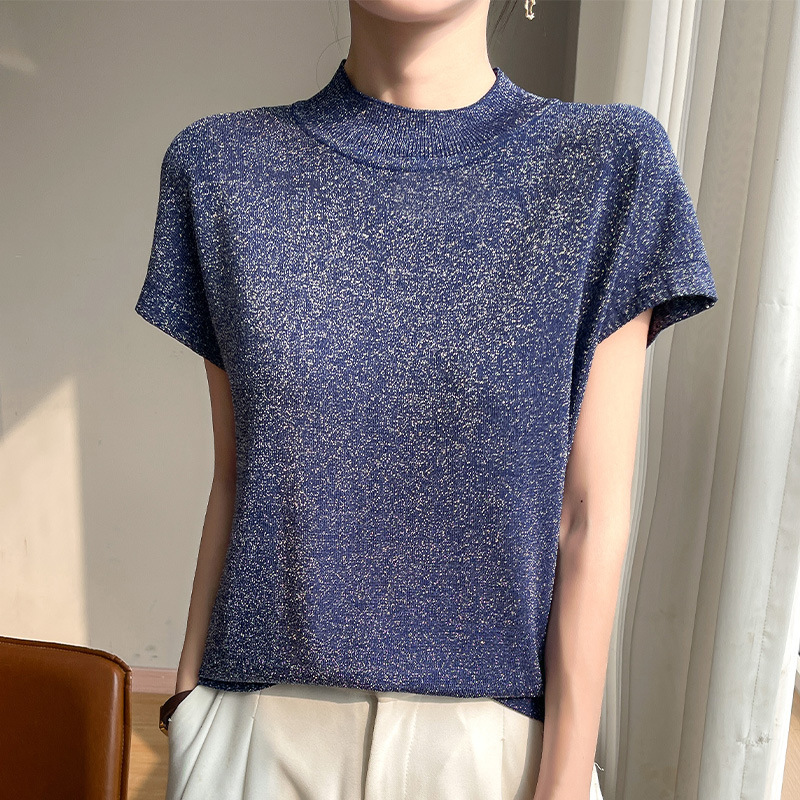 Glittery Shiny Short-Sleeved Women's 2026 Summer New Korean Style Ice Silk Knitted Round Neck Casual T-Shirt Thin Top