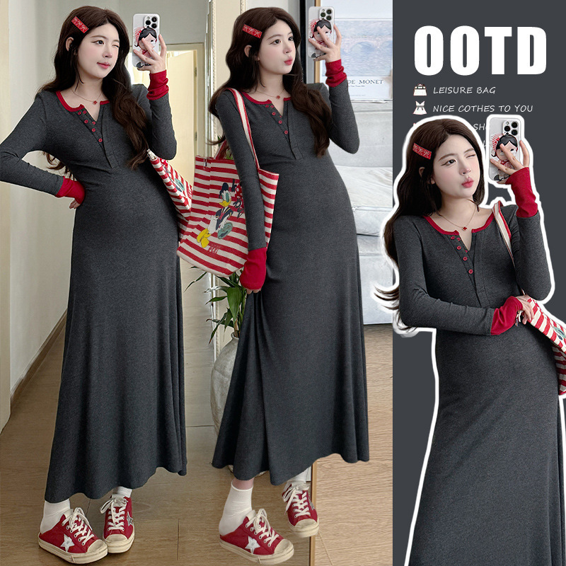 Autumn Maternity Wear Fashionable and Stylish Autumn and Winter New Collar Long-Sleeved Regular Splicing Knitted High-Waisted Maternity Dress