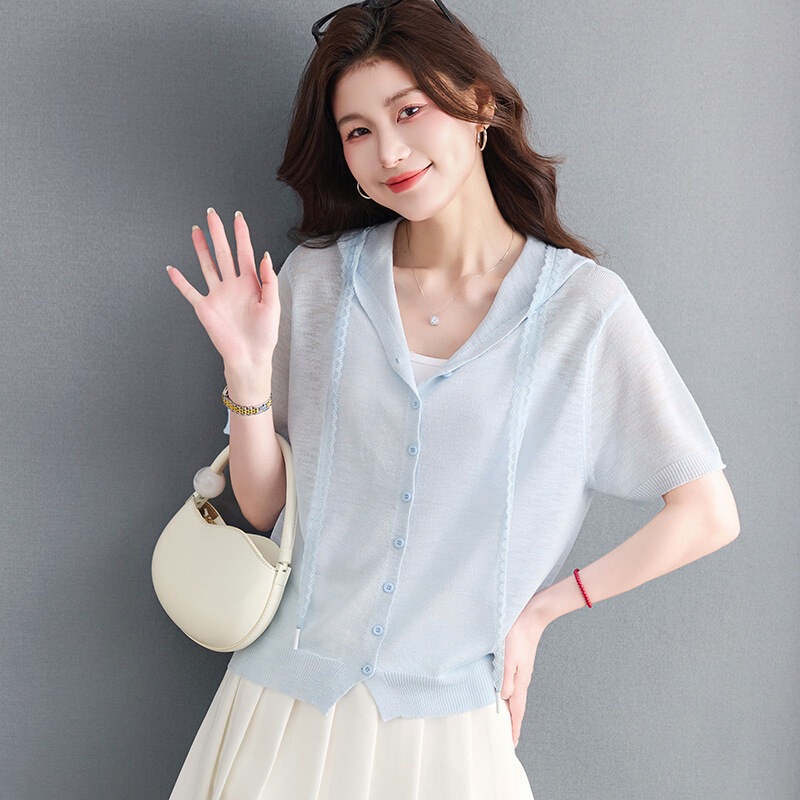2026 Summer Thin Cardigan Short-Sleeve Women's Knit Solid Color Hoodie Fashionable Slimming Versatile Stylish Simple Shawl Top