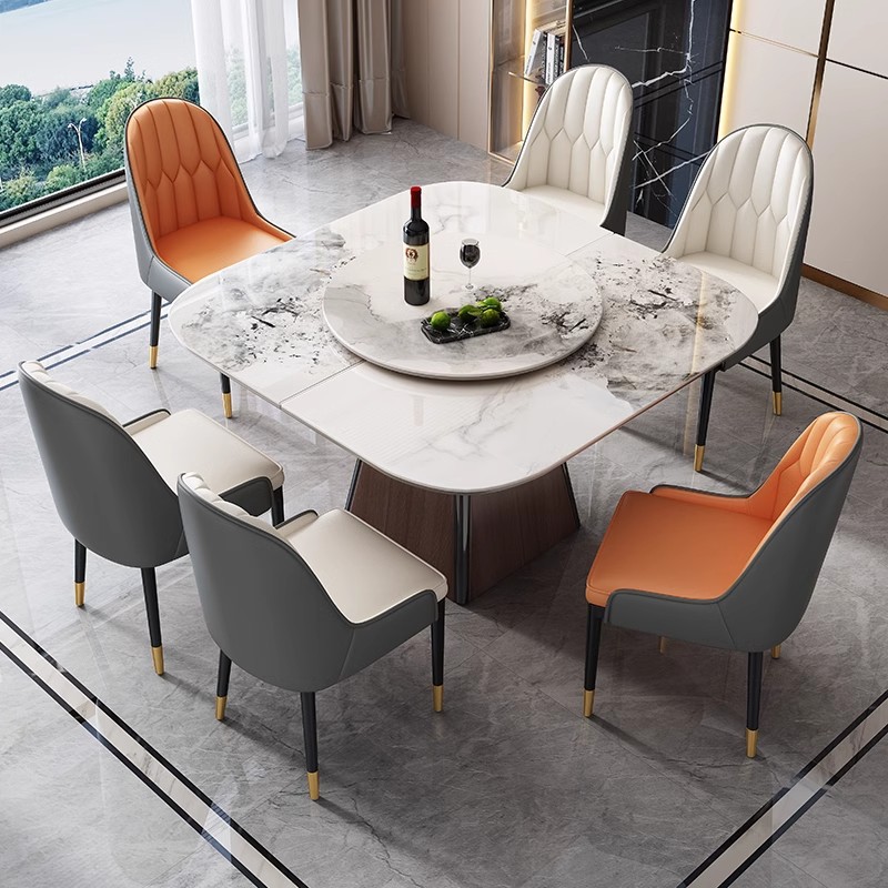 Mesa de comedor de tabla de roca de lujo ligera, tamaño rectangular y pequeño tipo de hogar, mesa de comedor de horno electromagnético telescópico de doble propósito, mesa cuadrada de deslizamiento
