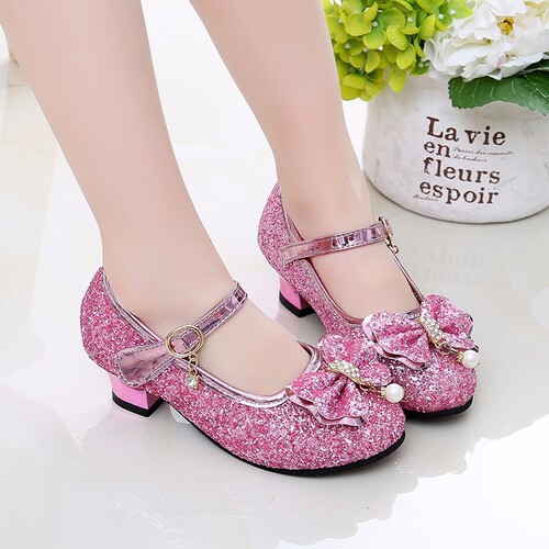New Women's Children's High Heels Princess Shoes for Children Students Performance Silver Pink Spring Girls Comfortable Small Leather Shoes