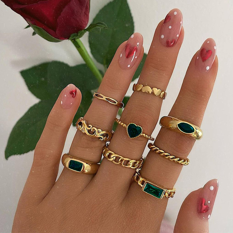 Cross-border Retro Imitation Emerald Love Ring Creative Heart Diamond Hollow Chain Strip Ring Nine-piece Set for Women Cross-border Retro Imitation Emerald Love Ring Creative Heart Diamond Hollow Chain Strip Ring Nine-piece Set for Women