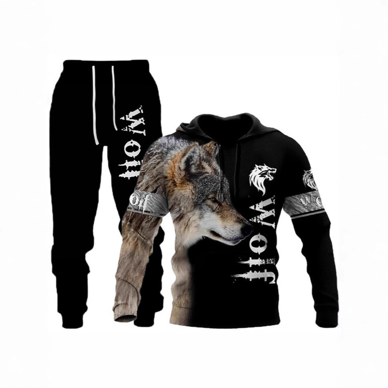 European and American Export Autum New Suit 3D Wolf Animal Print Hooded Pullover Sweatshirt Men's Fashion Sweatshirt Suit
