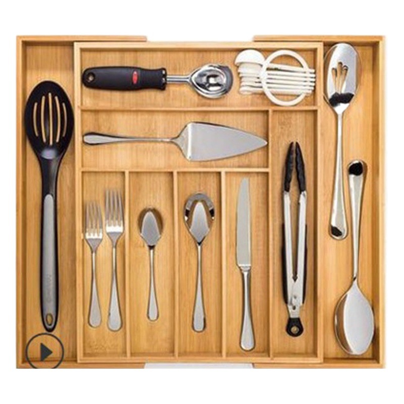 Cuchillo de cocina de bambú caja de almacenamiento cuchillo retráctil y tenedor dividido organizador caja cajón vajilla caja de almacenamiento