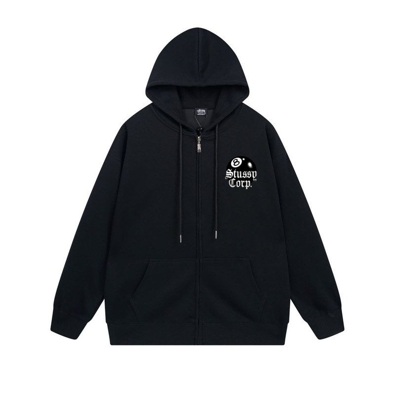 ヨーロッパとアメリカの Stussy スチューシー レタープリント ブラック 8 ジッパー プラス ベルベット フード付き秋冬スウェットシャツ メンズ レディース ジャケット|undefined