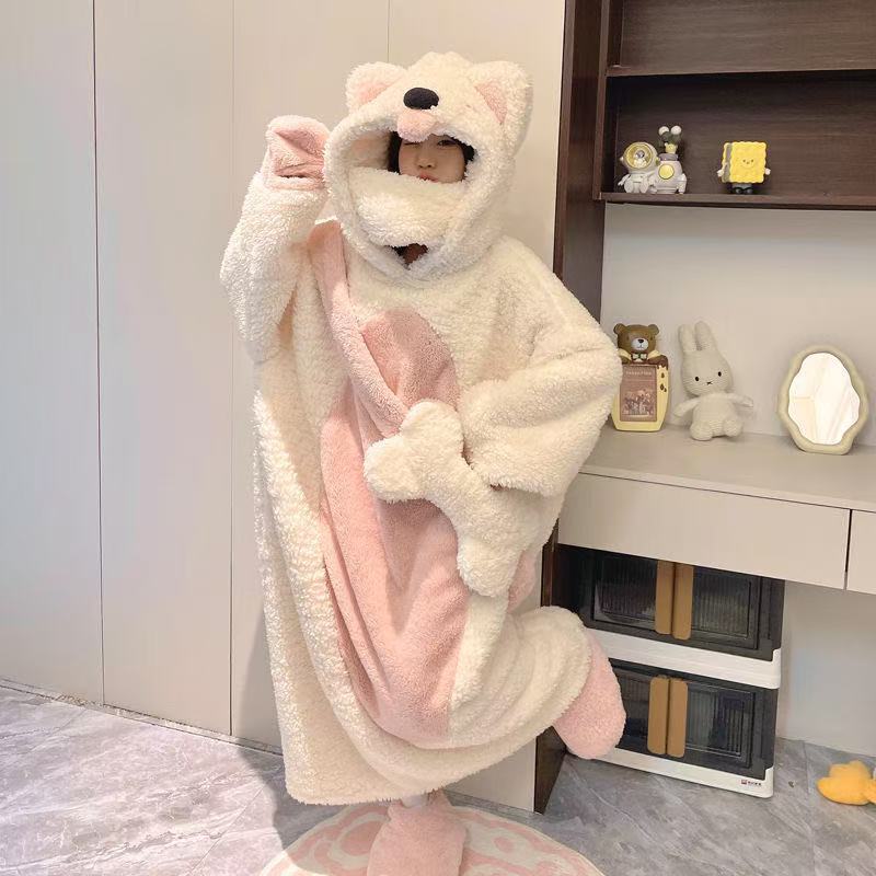 New Autumn and Winter Cute Couple Coral Velvet Pajamas Winter Thickened Cute Pink and White Dog Cartoon One-Piece Pajamas