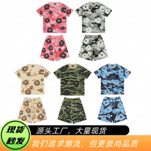 Cross-Border European and American Trendy Brand New Denim Full Range Kapok Camouflage Printed Foam Shorts Short-Sleeved Suit for Men