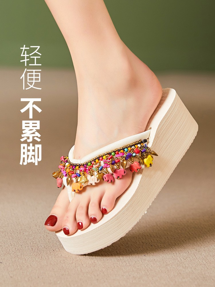 Summer ethnic beach flip flops platform wedge heel