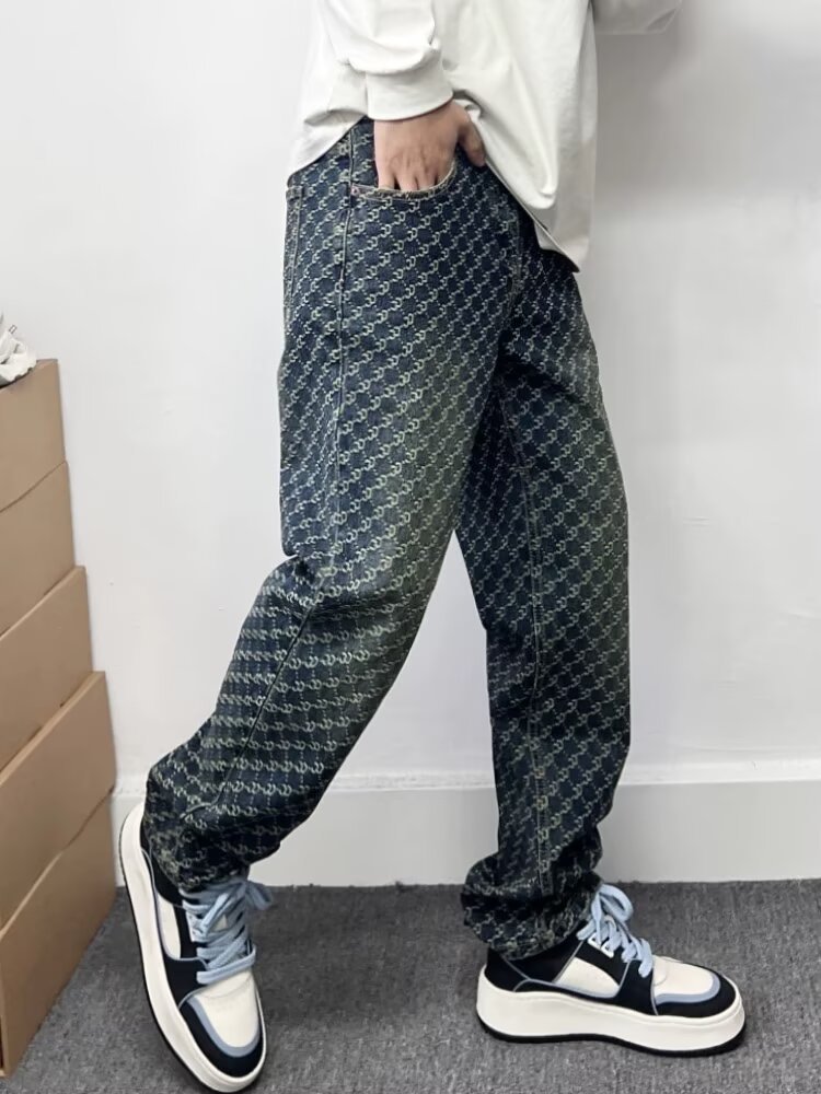 Men's Clothing High End Men's Straight Leg Jeans Streetwear American High Street Style Cool Edgy Vibe Full Print Embroidery_mkmklike.com