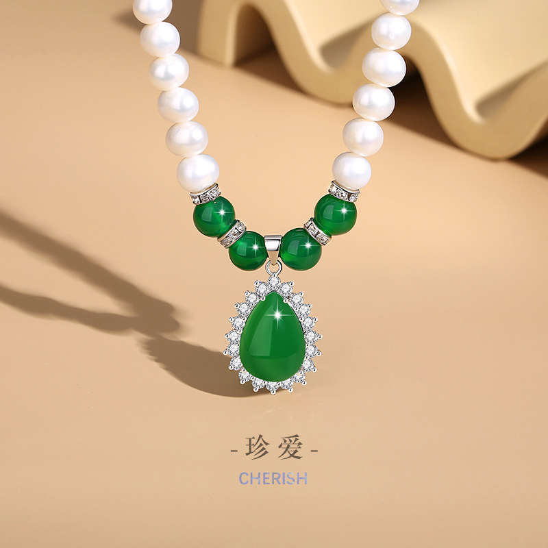 水滴形珍珠合金項鍊女時尚百搭款鎖骨鏈ins送母親禮物綠瑪瑙吊墜