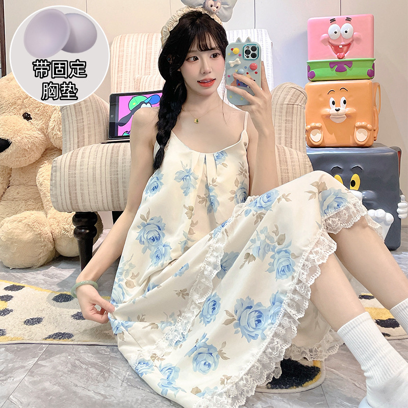 Cloud Cotton Nightgown for Girls, Summer Sweet Princess Style with Chest Pads, Suspenders, Mid-Length Loose Pajamas, Home Wear, Outerwear Cloud Cotton Nightgown for Girls, Summer Sweet Princess Style with Chest Pads, Suspenders, Mid-Length Loose Pajamas, Home Wear, Outerwear