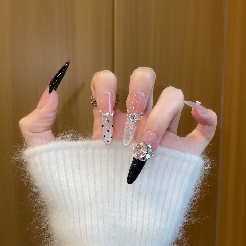Light Luxury Black French Full Diamond Cat Eye Pure Handmade Wearable Nails Elegant Whitening Long Manicure Patch Fake Nails