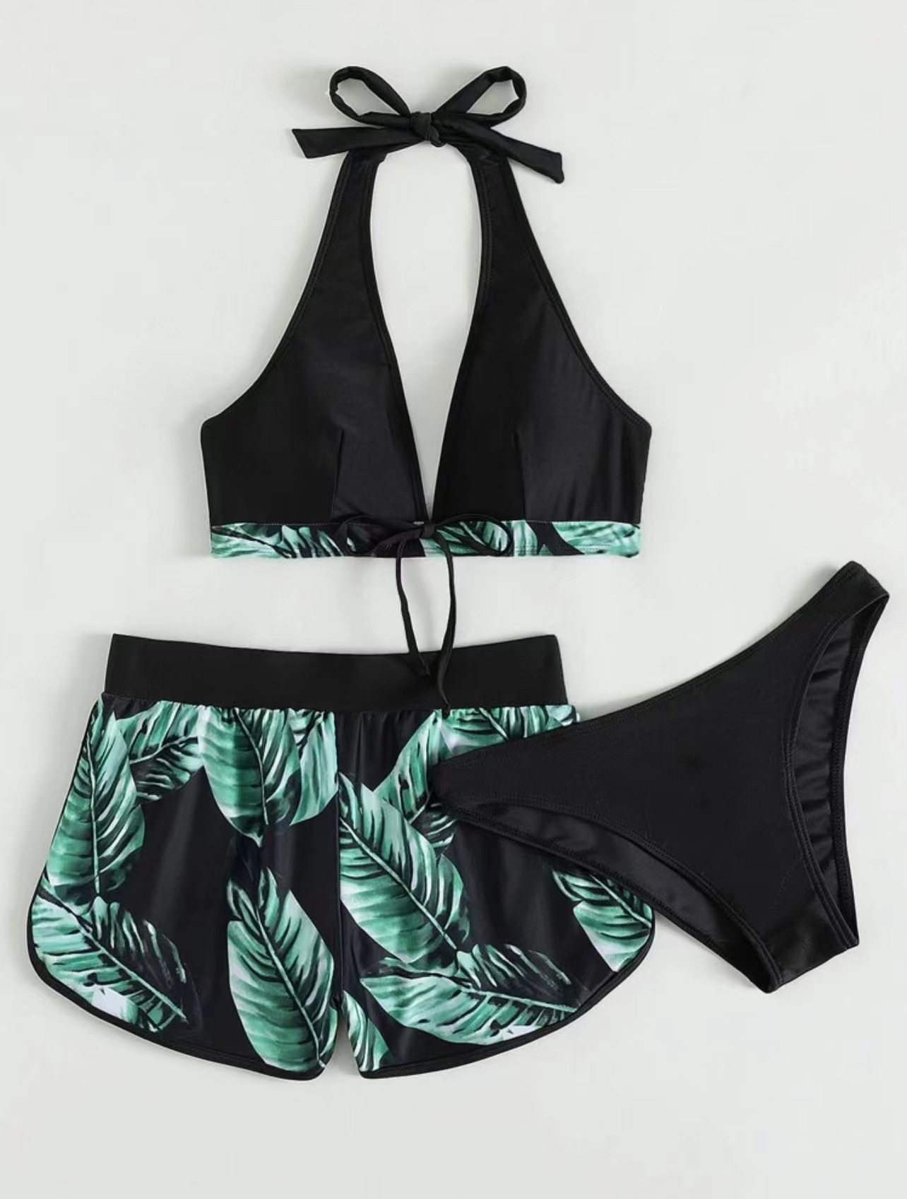 lotus leaf print shorts split swimwear set NSCSY127566