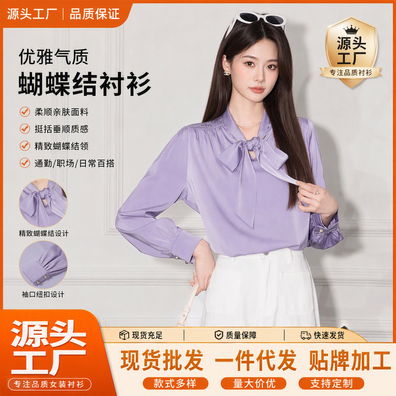 Professional Commuting Interview Long-Sleeve Shirt for Women, Satin Drape, Anti-Wrinkle, High-End Embroidered Blouse with Bow