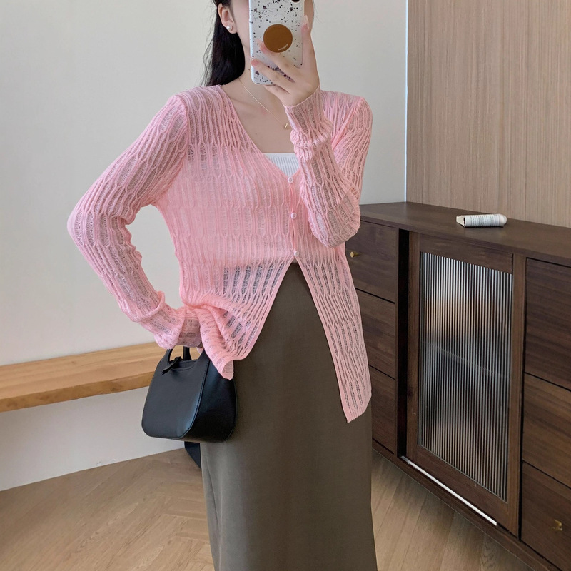 Jiuzhi Resort Style Summer Cut Out Stripesd Knitted Cardigan Fairy Air-Conditioning Shirt with Skirt B8376