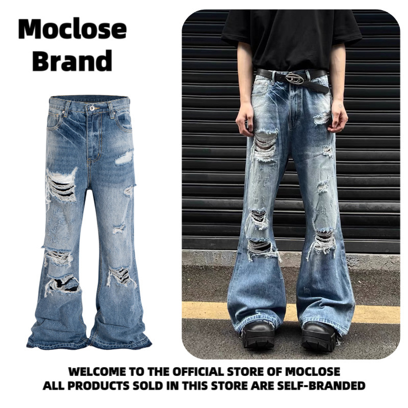 Moclose American Style Fashion Brand Vintage Washed Cat-beard Ripped Men's and Women's Micro-flared Wide-leg Dopping Jeans