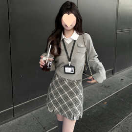 软糯韩系学院风假两件上衣女秋冬遮肚子格纹包臀半身裙子两件套装