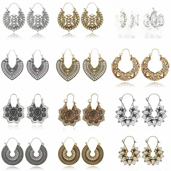 Retro Exaggerated Cut Out Pattern Totem Retro Earrings Petals Geometric Heart-Shaped Metal Earrings Earrings Jewelry