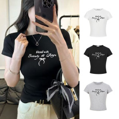 别致掐腰显瘦字母蝴蝶结短袖T恤女2025夏季新款休闲百搭学生上衣