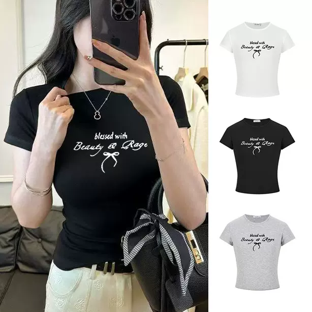 别致掐腰显瘦字母蝴蝶结短袖T恤女2025夏季新款休闲百搭学生上衣