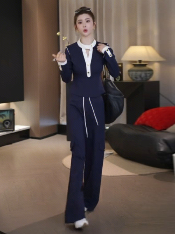 时尚休闲运动套装女春秋气质设计感撞色修身长袖上衣阔腿裤两件套|undefined