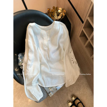 老钱风白色镂空刺绣亚麻长袖衬衫女早秋新款简约气质高级百搭上衣