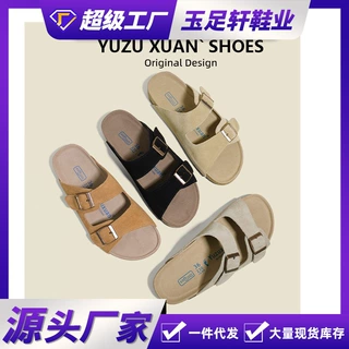跨境出口牛皮透气二字拖3cm凉拖鞋厚底勃肯鞋半拖鞋博肯女夏凉鞋