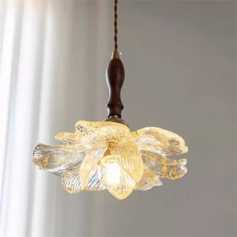 Vintage Petal Restaurant Chandelier Walnut Simple Bar Counter Three-Light Dining Table Lamp French Retro Lotus Aisle Lamp