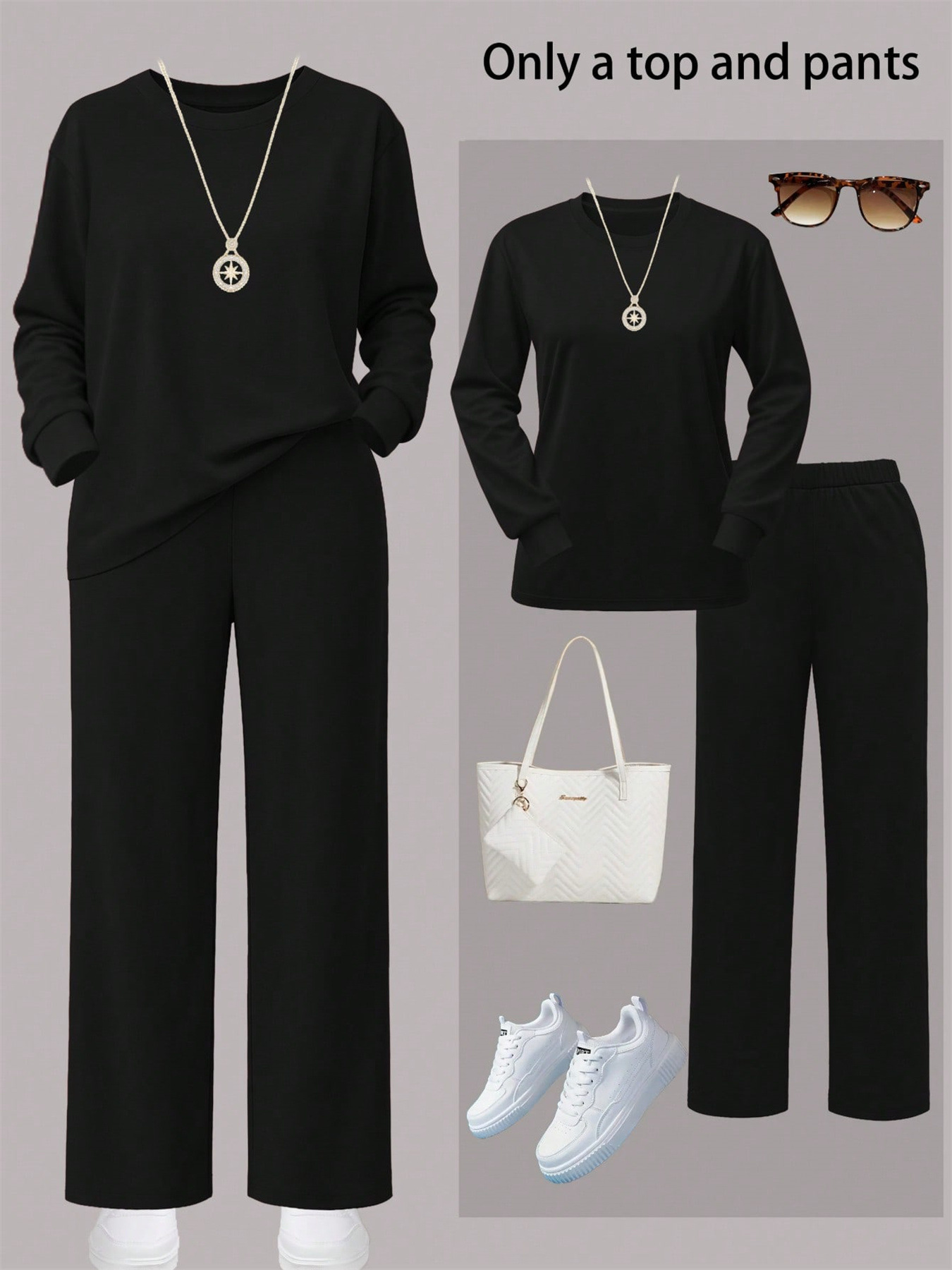 Women's Autumn/Winter Two Piece Set Style Solid Color Round Neck Long Sleeve Top With Wide Leg Straight Leg Pants_ecoleips.com