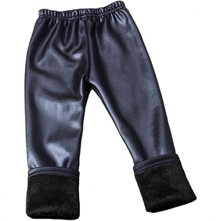 Korean style autumn and winter new children's faux leather leggings fashion slim PU leather pants fleece-lined black ankle-length pants skinny pants