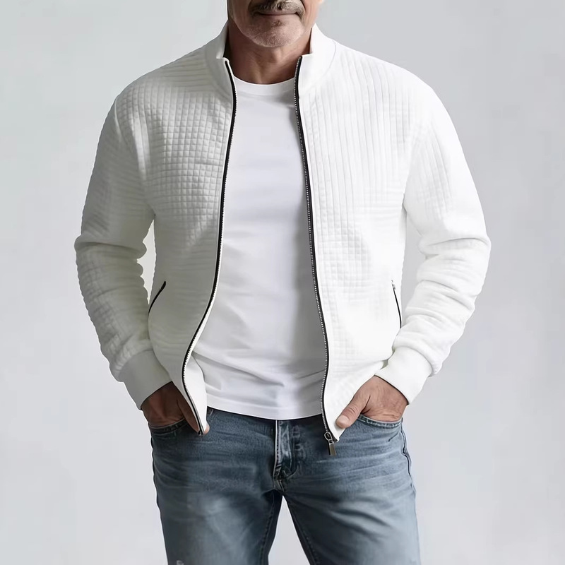 European Size Cross-Border Men's Fashion Jacket, Spring and Autumn Stand Collar Jacquard Small Checkered Zip-Up Shirt, Casual Style