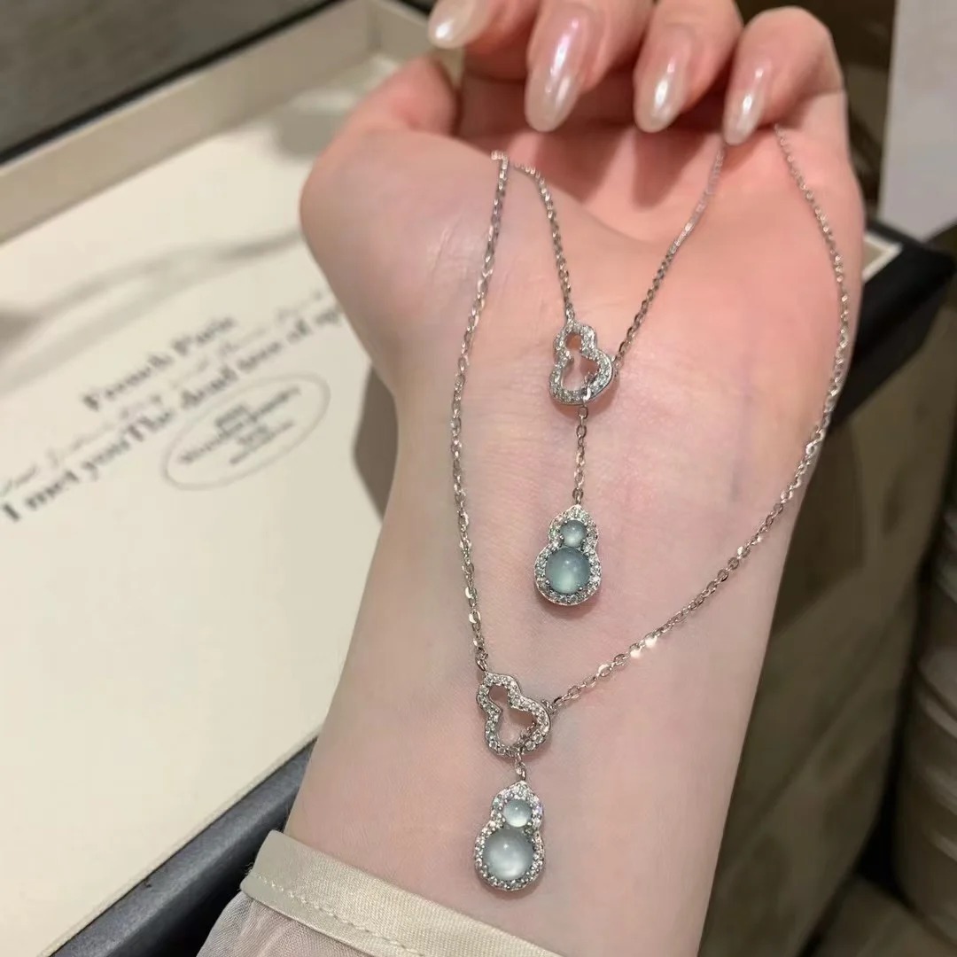 S pure silver exquisite ice jade dangerous material new Chinese style double gourd necklace women's clear cold feeling_voghion.com