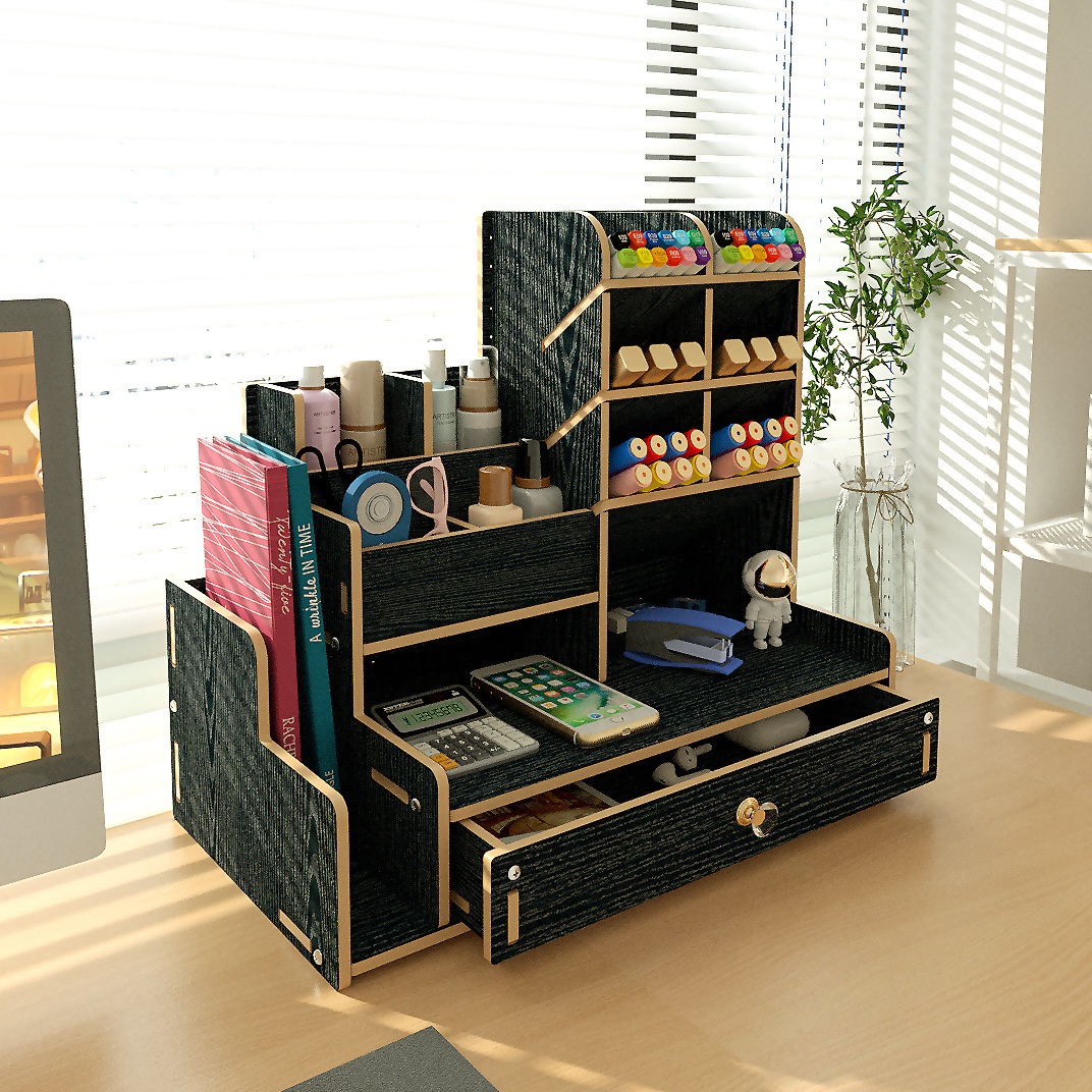 Caja de almacenamiento de escritorio estilo europeo, portalápices, artículos de papelería, caja de almacenamiento integrada para escritorio de oficina, caja de madera creativa para control remoto, venta al por mayor