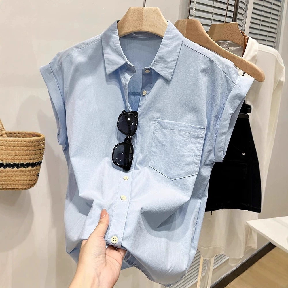 Синяя рубашка с короткими рукавами для женщин, лето 2025, новая свободная рубашка, шикарный и красивый топ с маленькими летящими рукавами французского дизайна