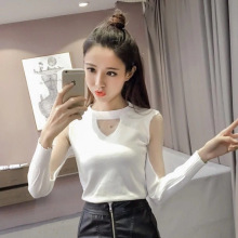 秋冬打底衫女士秋装新款长袖恤女款秋装韩版网纱露肩上衣镂空