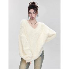 奶白色水貂绒领毛衣女秋冬季加厚宽松慵懒风外穿针织衫套头