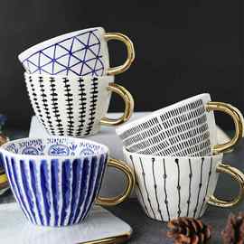 出口手捏不规则宽口陶瓷杯几何金把咖啡杯大容量燕麦片杯情侣水杯