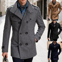 独立站跨境秋冬新款英伦男士双排扣修身立领毛呢风衣外套呢子大衣