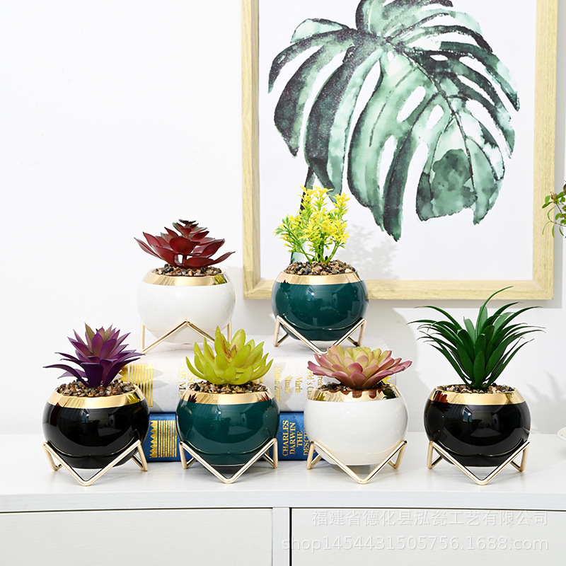 Nordic Fleshy Flower Pot Artificial Flower Green Plant Cactus Iron Ceramic Flower Pot Container Home Office Decoration