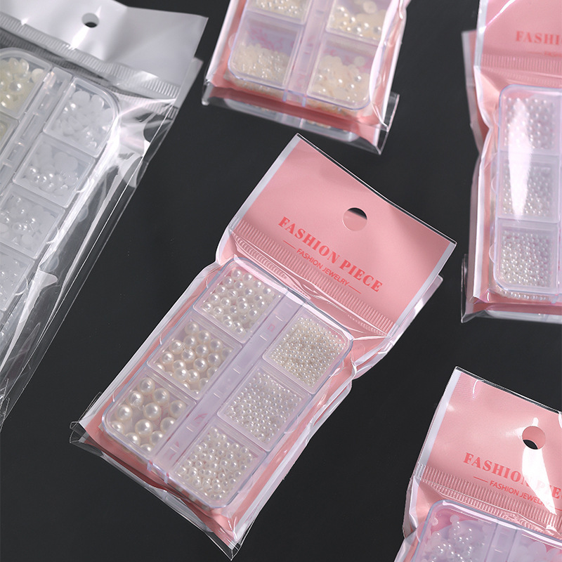 Joyas de manicuras de perlas brillantes redondas de tamaño mixto blanco puro, accesorios de uñas tridimensionales, perlas de perforación sin pelado