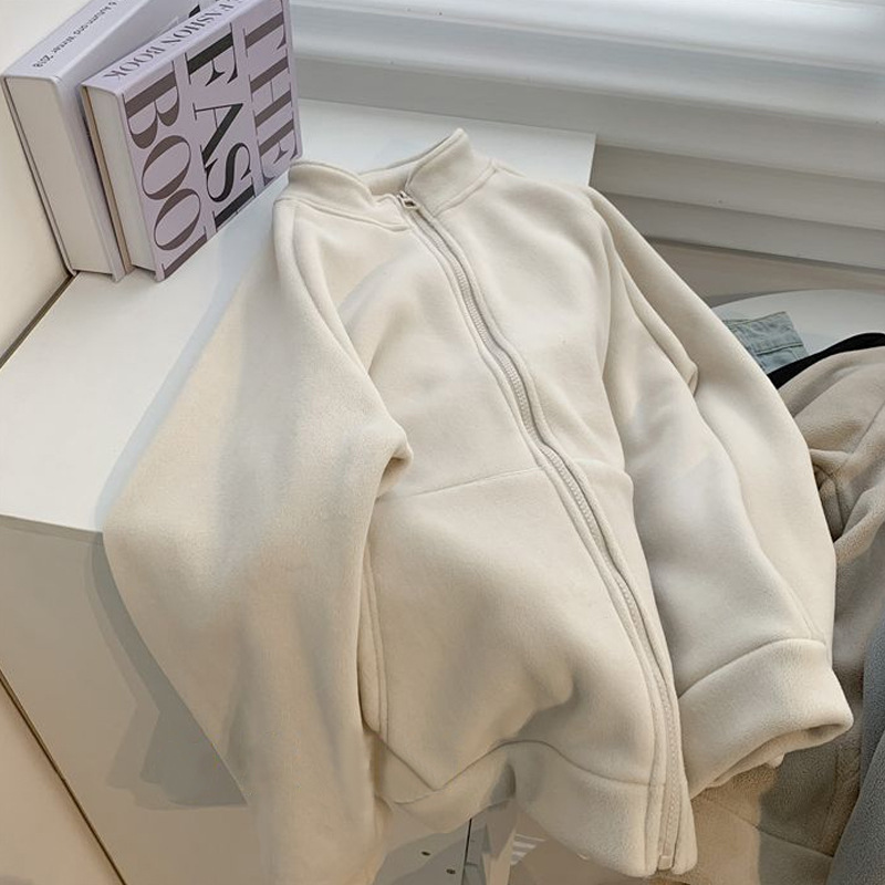 따뜻한 스탠딩 칼라 모조 양모 양면 양털 코트 여성의 가을과 겨울 새로운 느슨한 얇은 기모 두꺼운 스웨터