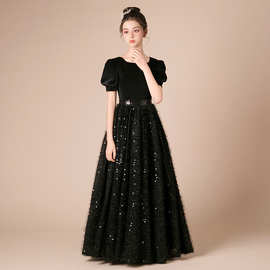 少女大童钢琴小提琴演奏主持人合唱团体演出礼服丝绒泡泡袖公主裙