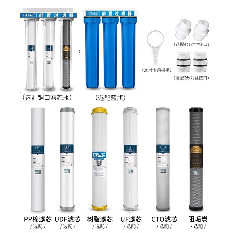 20 pulgadas botella azul transparente botella de cobre a prueba de explosiones gran flujo de filtración de agua del grifo