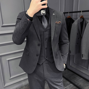 Four-Season Men's Suit Set, Korean Style Slim Fit Two-Button Three-Piece Business Casual Professional Attire, Non-Iron