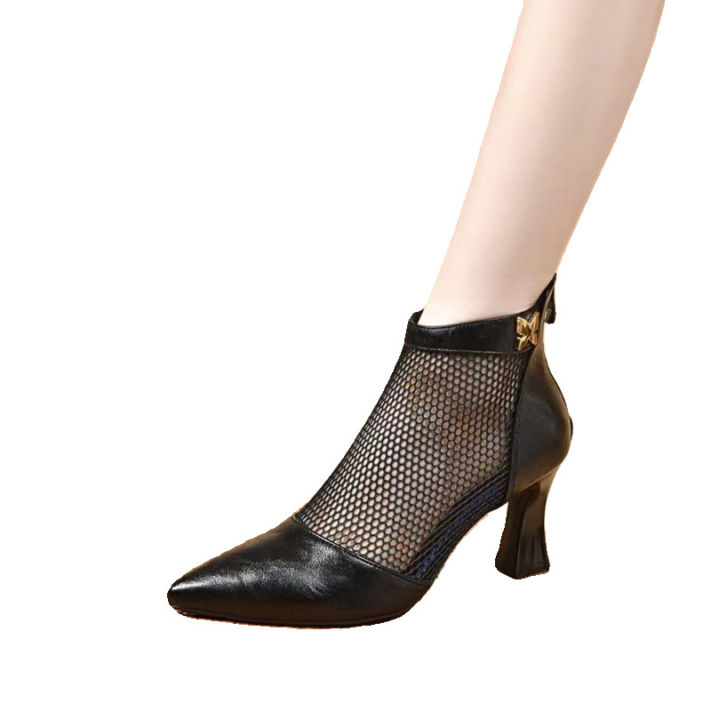 Boot lưới cao gót mũi nhọn nữ da thật gót thô cổ thấp hở gót — Màu đen Cashmere