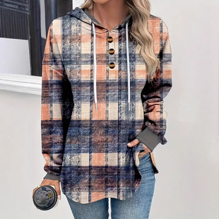 2024 Autumn European and American Cross-Border Foreign Trade Amazon Temu Supply Casual Striped Plaid Button Hooded Plus Size Women's Clothing