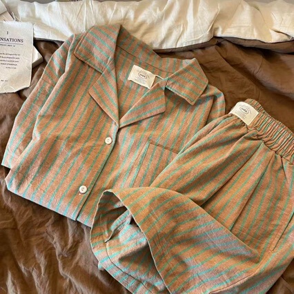 High-End Striped Pajamas for Women, Summer Short-Sleeved Set, Cloud Cotton, Korean Style Home Wear, Can Be Worn Outside, Cross-Border Wholesale High-End Striped Pajamas for Women, Summer Short-Sleeved Set, Cloud Cotton, Korean Style Home Wear, Can Be Worn Outside, Cross-Border Wholesale