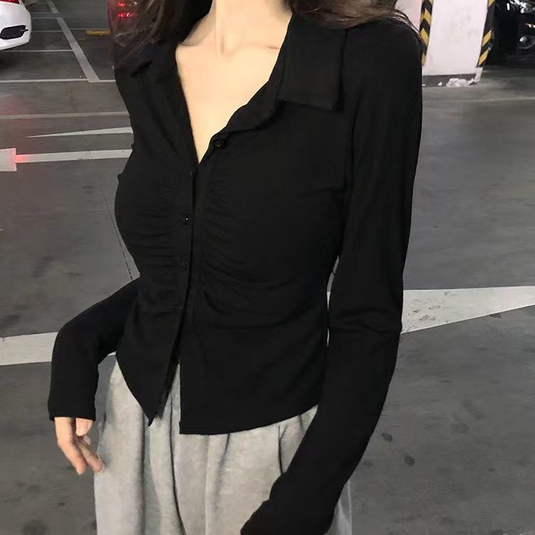 设计感褶皱长袖恤秋季新款修身显瘦小翻领纯欲风打底上衣女|undefined