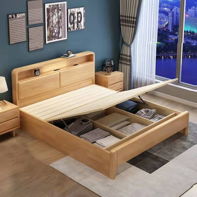 Cama de madera sólida 1.8m cama doble principal 1.5m cama de caja de altura cama de madera 1.2m cama de almacenamiento individual fábrica directa